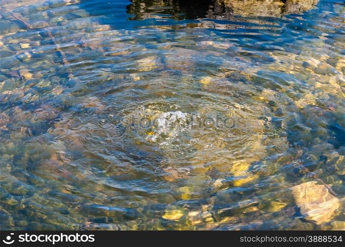 Clear water bubbling in small outdoor pond, forming concentric waves, with green rocks and stones visible under water.