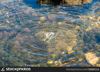 Clear water bubbling in small outdoor pond, forming concentric waves, with green rocks and stones visible under water.