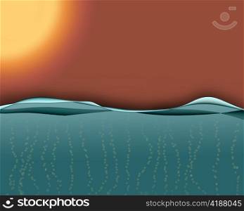 Clear Water Waves with Bubbles and Scorching Sun Illustrated Background