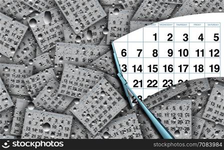 Clearing a busy schedule concept and appointment agenda business work symbol managing time as a wiper clearing clean a confusing group of month dates with 3D illustration elements.