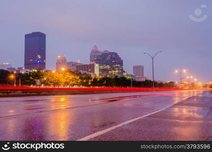 Cleveland downtown at twilight blue hour.