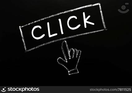 Click - button with a cursor hand drawn on a blackboard