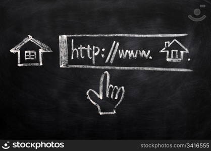 Click for Homepage sign drawn with chalk on a blackboard