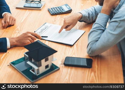 Client and real estate agent review loan contract, discussing term, interest rate, and property ownership. Analyze legal document and thoroughly read agreement before making decision. Entity. Client and real estate agent review loan contract and discussing term. Entity