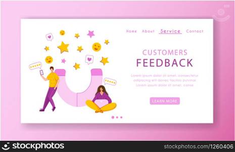 Client feedback concept landing page template, miniature tiny people and giant magnet, web banner with place for text, customers review and feedback, service evaluation. flat people caracters, Vector. customer feedback concept - vector