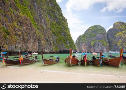 Cliff and boats in Phi Phi Leh south of Thailand