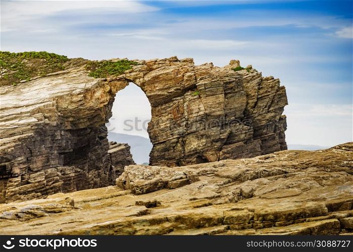Cliff formations on Cathedral Beach in Galicia Spain. Playa de las Catedrales, As Catedrais in Ribadeo, province of Lugo. Cantabric coastline in northern Spain. Tourist attraction.. Cathedral Beach in Galicia Spain. Tourist attraction.