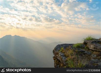 Cliff in National Park, Thailand. Mountains hill view with park landscape. Tourist attraction in sunset skyline. Adventure field.