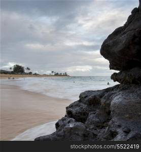 Cliff on the beach with surf in the background, Sandy Beach, Hawaii Kai, Honolulu, Oahu, Hawaii, USA