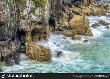 Cliffs and Rocks, Beach of Vidiago, Cantabrian Sea, Vidiago, Llanes, Asturias, Spain, Europe. Cliffs and Rocks, Beach of Vidiago, Asturias, Spain