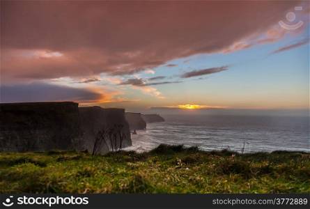 Cliffs of Moher at sunset in Co. Clare Ireland Europe. Beautiful landscape.