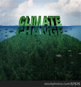 Climate change and extreme weather conditions concept and rising sea levels due to global warming and melting of the polar ice caps as a mountain under water and flooded as text with 3D illustration elements.