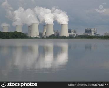 Climate change, Coal-fired power plant. Cooling towers of a coal fired power plant in Brandenburg, Germany