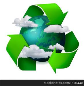 Climate change concept planet earth with clouds and recycling symbol arrows. Climate change recycling concept