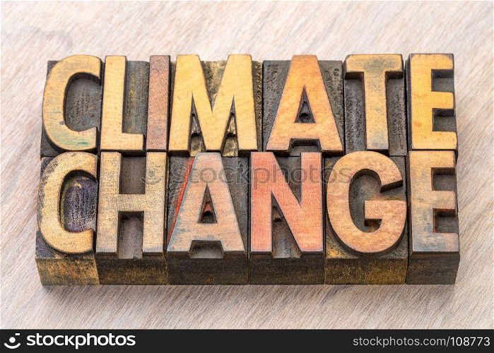 climate change concept - words in vintage wooden letterpress printing blocks