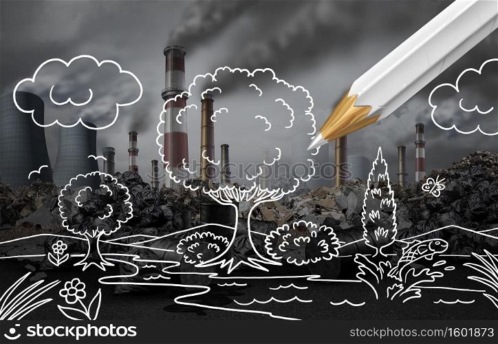 Climate change plan and environmental strategy with a global warming polluted industrial background being changed by a drawing of nature and natural habitat with 3D illustration elements.