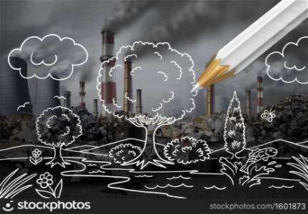 Climate change plan and environmental strategy with a global warming polluted industrial background being changed by a drawing of nature and natural habitat with 3D illustration elements.