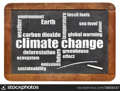 climate change word cloud on a vintage slate blackboard isolated on white