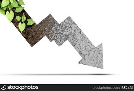Climate decline and environmental change cycle as a dried or dry cracked land suffering from drought turning into rich moist organic earth with a growing young plant shaped as a downward arrow as a composite.