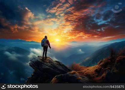 Climber Standing on the Top of a Hill with Mountain Landscape at Golden Sunrise