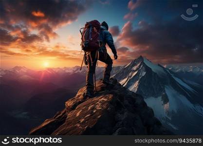 Climber Walking on the Top of a Hill with Iceberg Landscape View at Sunrise