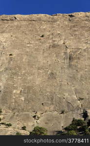 Climbers on a vertical outdoor wall of the mountain in Crimea, Ukraine