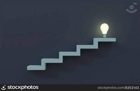 Climbing stairway to success concept of light bulb or bright idea on top of stairs 3D rendering illustration 