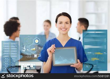 clinic, profession, people and medicine concept - happy female doctor or nurse showing tablet pc computer blank screen over group of medics meeting at hospital. happy doctor over group of medics at hospital