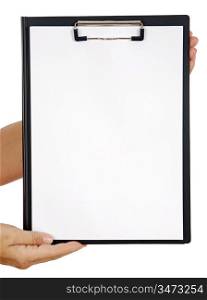 Clipboard and hands a over white background - write your text -