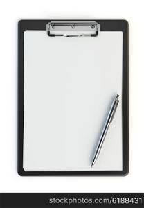 Clipboard and pen isolated on white with copy space. 3d illustration