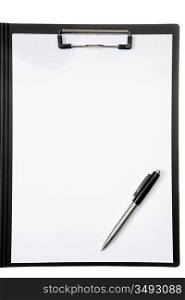 Clipboard and pen on a over white background