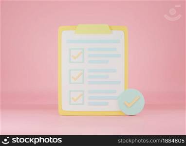 Clipboard checklist, survey paper list check marks report document on pink background, sign symbol web site design icon, 3D rendering illustration