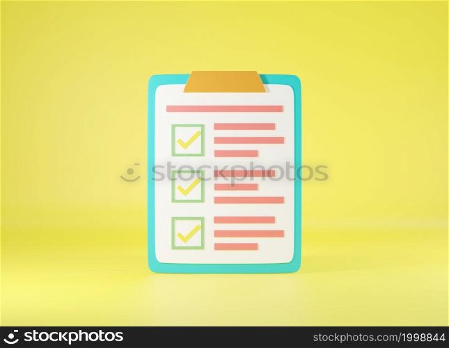 Clipboard checklist, survey paper list check marks report document on yellow background, sign symbol web site design icon, 3D rendering illustration