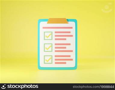 Clipboard checklist, survey paper list check marks report document on yellow background, sign symbol web site design icon, 3D rendering illustration
