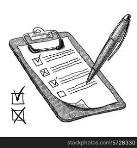 Clipboard with check list questionnaire checkboxes and pen sketch vector illustration