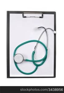 Clipboard with stethoscope on a over white background