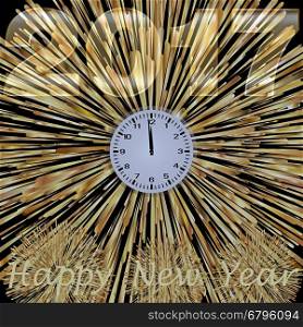 Clock and fireworks and text Happy New Year and year 2017, black background
