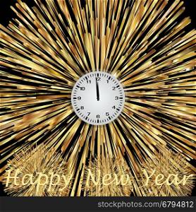 Clock and fireworks and text Happy New Year, black background
