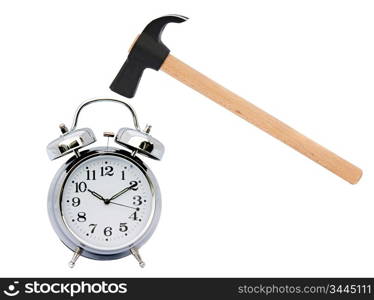 Clock and hammer a over white background
