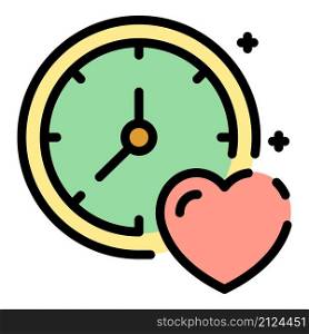 Clock and heart icon. Outline clock and heart vector icon color flat isolated. Clock and heart icon color outline vector