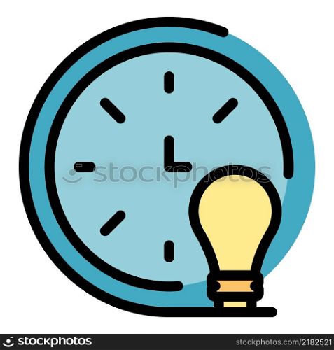 Clock and light bulb icon. Outline clock and light bulb vector icon color flat isolated. Clock and light bulb icon color outline vector