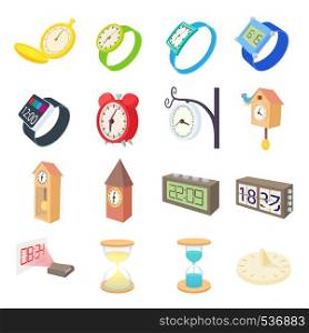 Clock and watch icons set in cartoon style on a white background. Clock and watch icons set, cartoon style