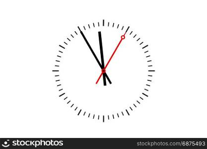 Clock, Digits sheet with hour hand, minute hand and a red second hand indicates the time 5 before 12. Copy space on white background.