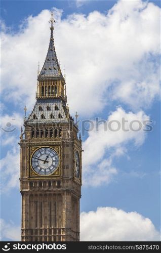 Clock face on the famous landmark clock tower known as Big Ben in London, England. Part of the Palace of Westminster also known as the Houses of Parliament, Big Ben is actually the name of the Bell inside the tower.