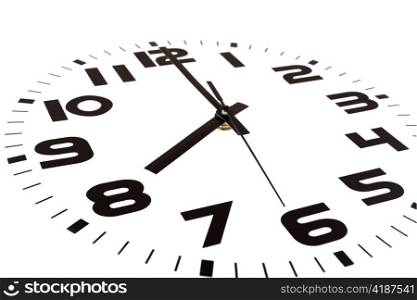 Clock isolated on white marking the eight o&rsquo;clock hour. The main focus is in the hour hand.