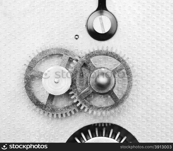 Clock mechanism, black and white photo