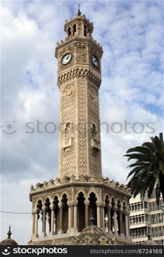 Clock tower and building on the square Konak in Izmir, Turkey