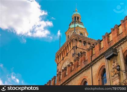 Clock Tower and facade of the Palazzo Comunale in Bologna. Italy