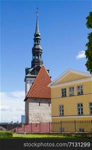 Clock tower and facades of buildings in Tallinn, Estonia