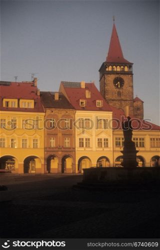 Clock tower and main square, sunset Jicin, Czechoslovakia [Czech Republic]